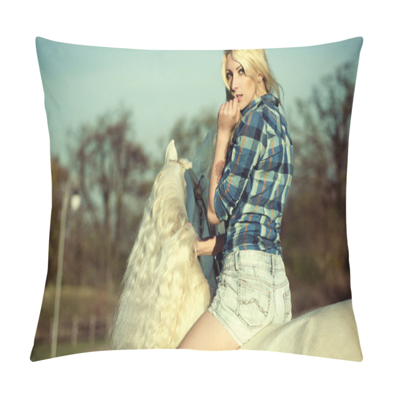 Personality  Mystery Blonde Woman Riding A Horse Pillow Covers