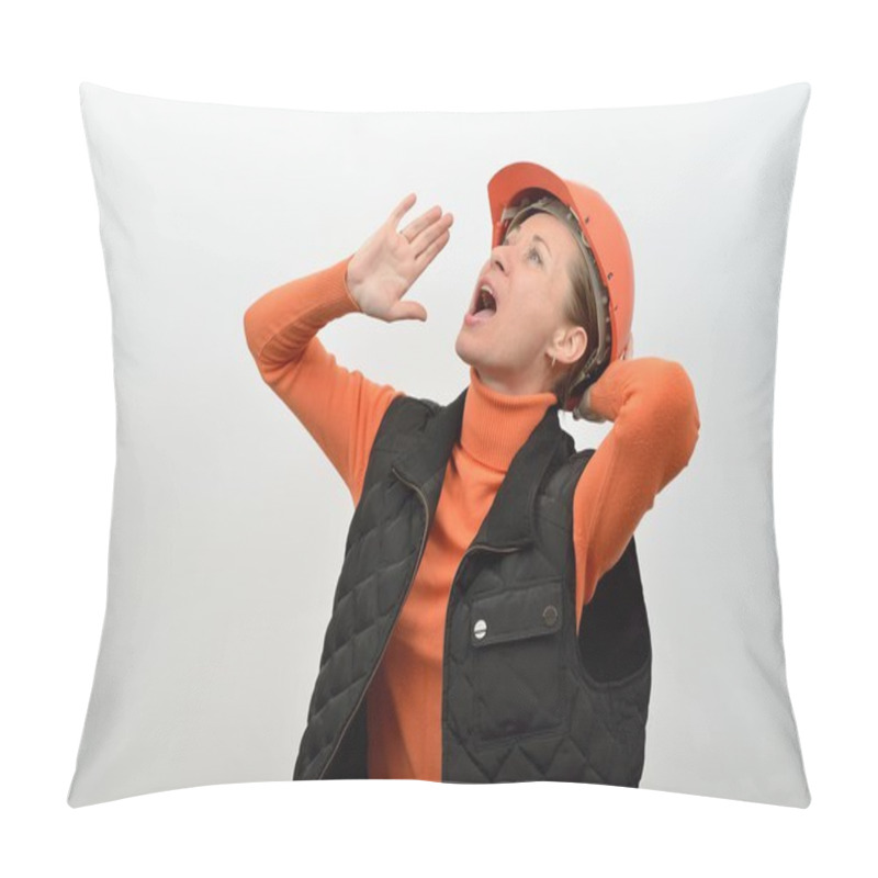 Personality  Female Construction Worker In A Hardhat Shouts Loudly Pillow Covers