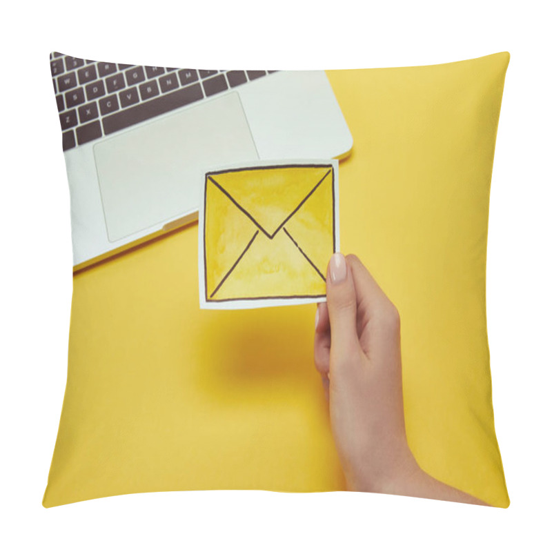 Personality  Cropped Image Of Woman Holding Message Sign Near Laptop  Pillow Covers