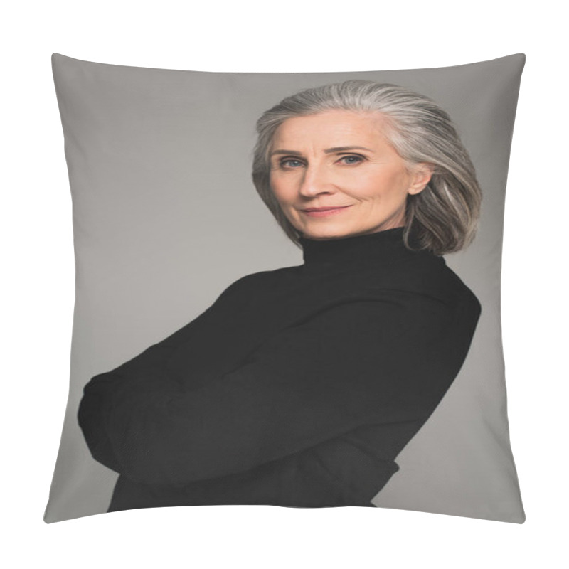 Personality  Portrait Of Mature Woman In Black Turtleneck Isolated On Grey  Pillow Covers