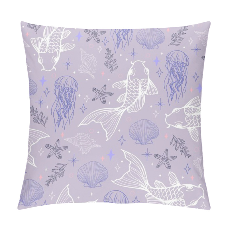 Personality  Underwater Seamless Pattern With Fish, Jellyfish, Shells, And Sea Stars. Hand-Drawn Vector Background Pillow Covers