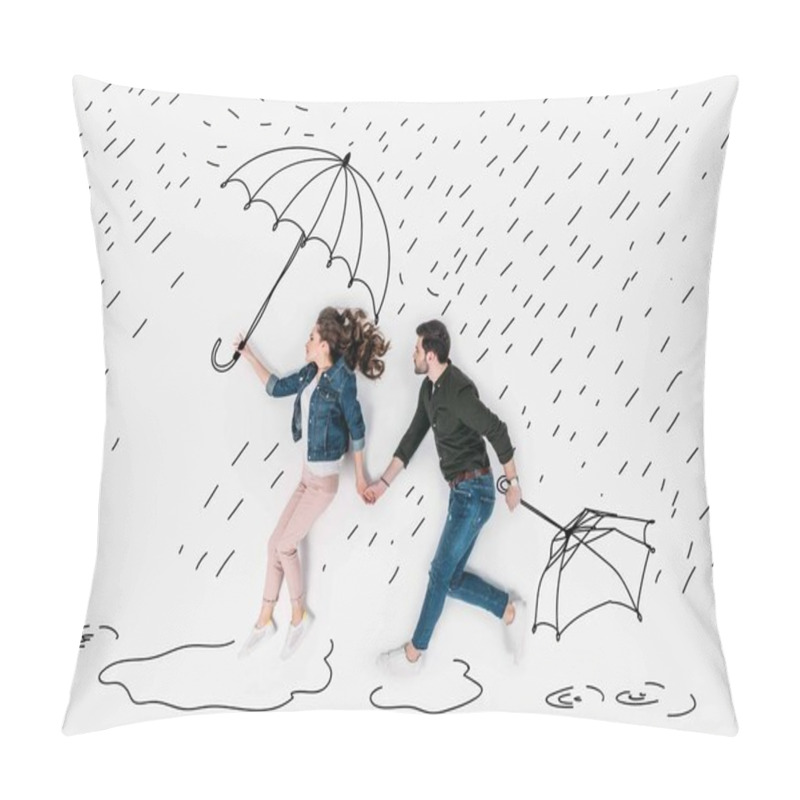 Personality  Creative Hand Drawn Collage With Couple Running Under Rain With Umbrellas Pillow Covers