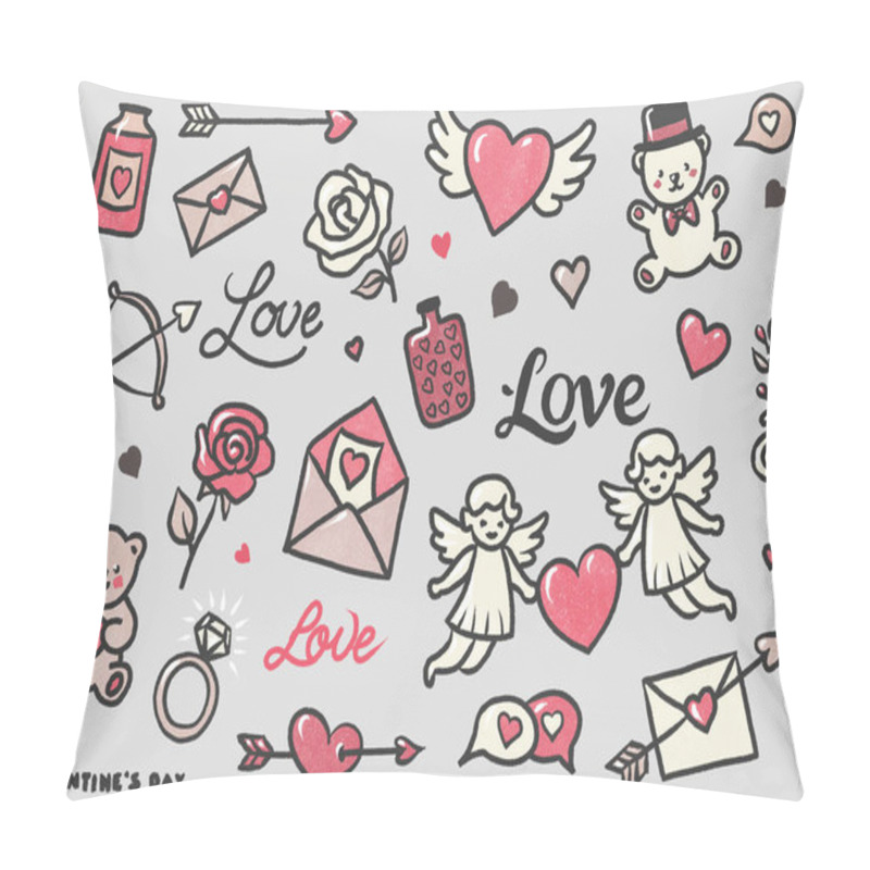 Personality  Set Of Isolated Pencil And Crayon Style Doodle Designs On Valentine's Theme In Pink Gray Colors, Including Hearts, Wings, Angels, Teddy Bears, Messages, Letters, Roses, Ring, Lettering, Jars, Bottles Pillow Covers