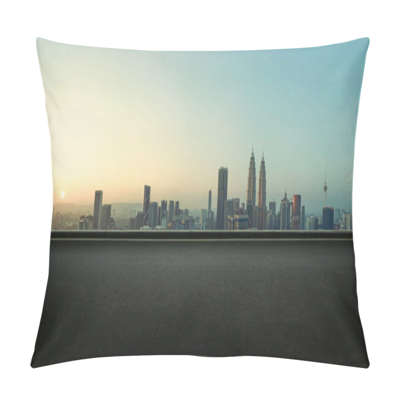 Personality  Asphalt Empty Road Side With  Kuala Lumpur City Skyline Background. Sunrise Scene Pillow Covers