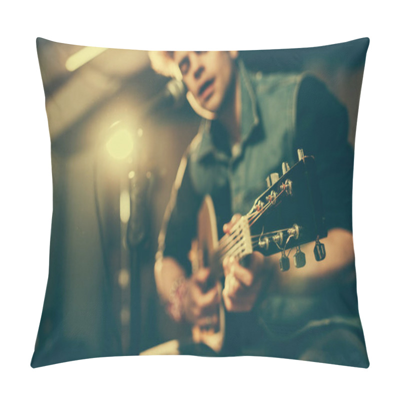 Personality  Selective Focus Of Acoustic Guitar In Hands Of Singer Near Microphone  Pillow Covers