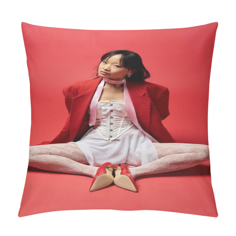 Personality  An Elegant Asian Woman Showcases A Fashionable Red Outfit, Exuding Confidence And Grace. Pillow Covers