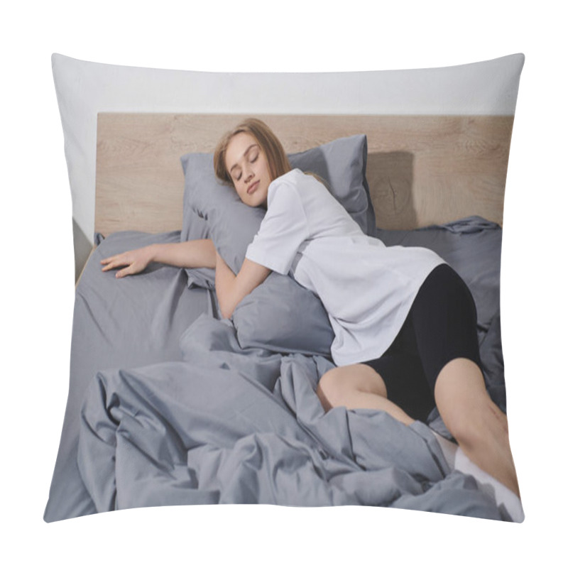 Personality  A Young Woman Rests Peacefully In Bed, Her Eyes Closed And A Serene Expression On Her Face. Pillow Covers