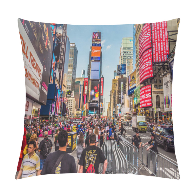 Personality  New York City, New York - May 19th, 2017: Tourists And Pedestrians Explore The Iconic Times Square And Take In The Colorful Sites And Lighted Advertisements And Highrise Buildings Around The Plaza. Pillow Covers