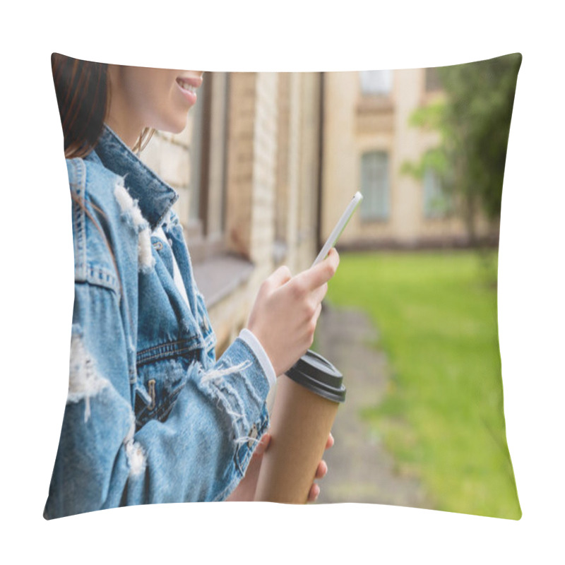 Personality  Cropped View Of Cheerful Student Using Smartphone And Holding Paper Cup Near University Campus  Pillow Covers