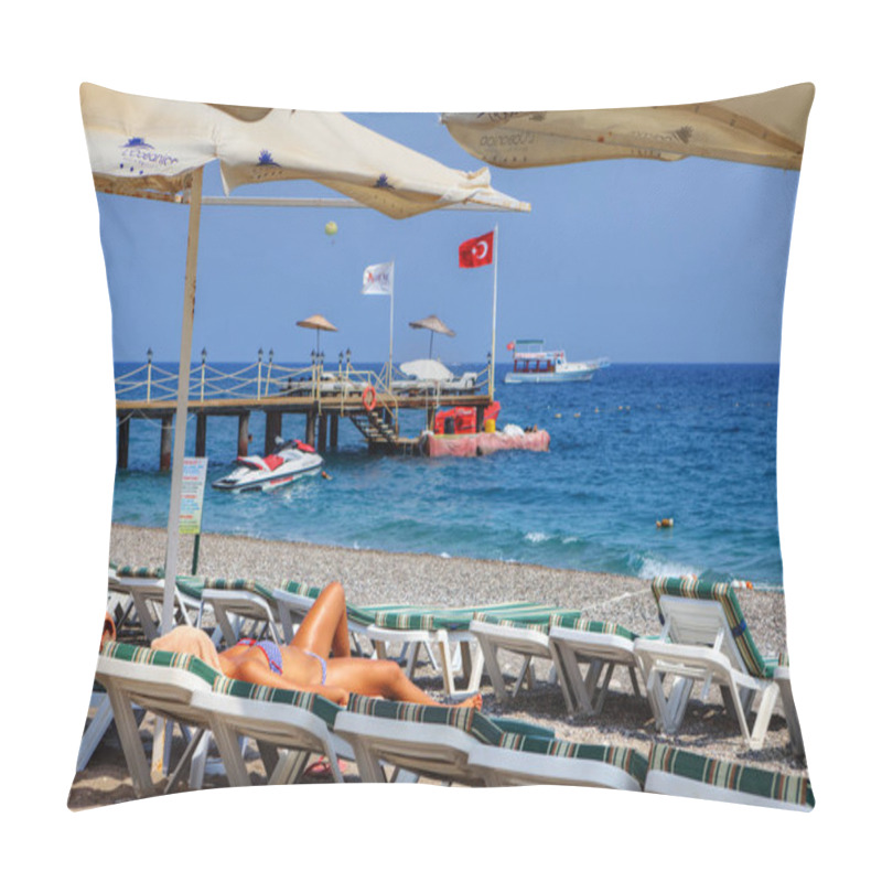 Personality  Girl Tans, Lying At The Lounger On A Deserted Beach. Pillow Covers