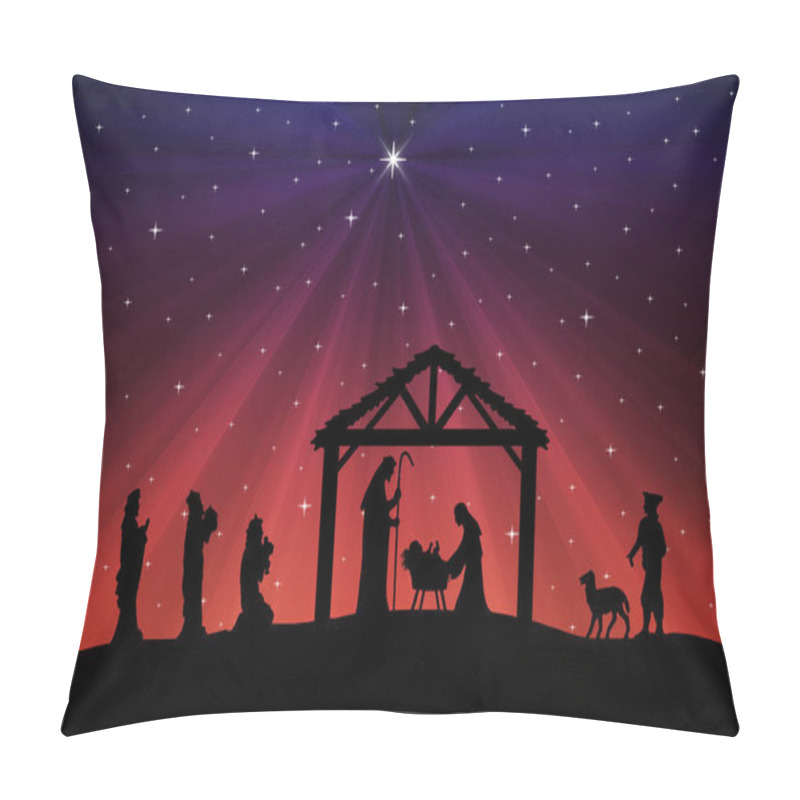 Personality  Christmas Nativity Scene Black Silhouette On Blue-red Background Pillow Covers