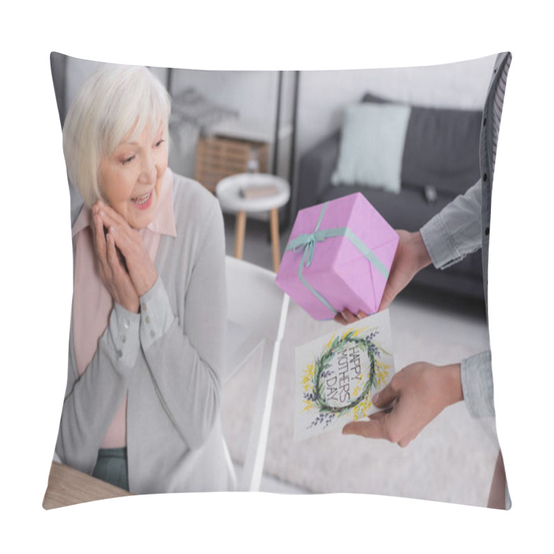 Personality  Woman Holding Greeting Card And Present Near Smiling Mother  Pillow Covers