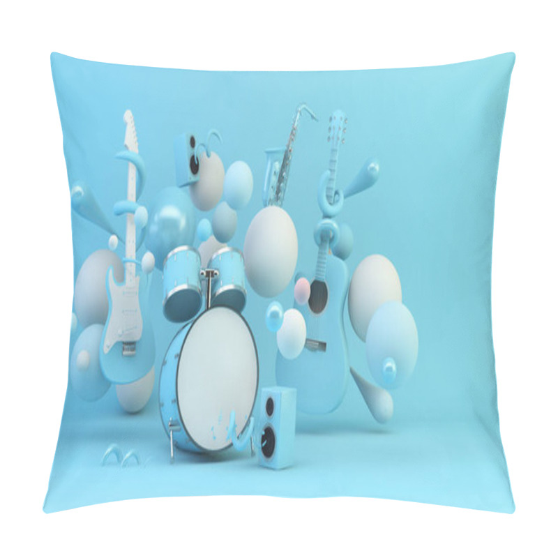 Personality  Blue Music Instruments Surrounded By Geometric Shapes Background 3d Rendering Pillow Covers