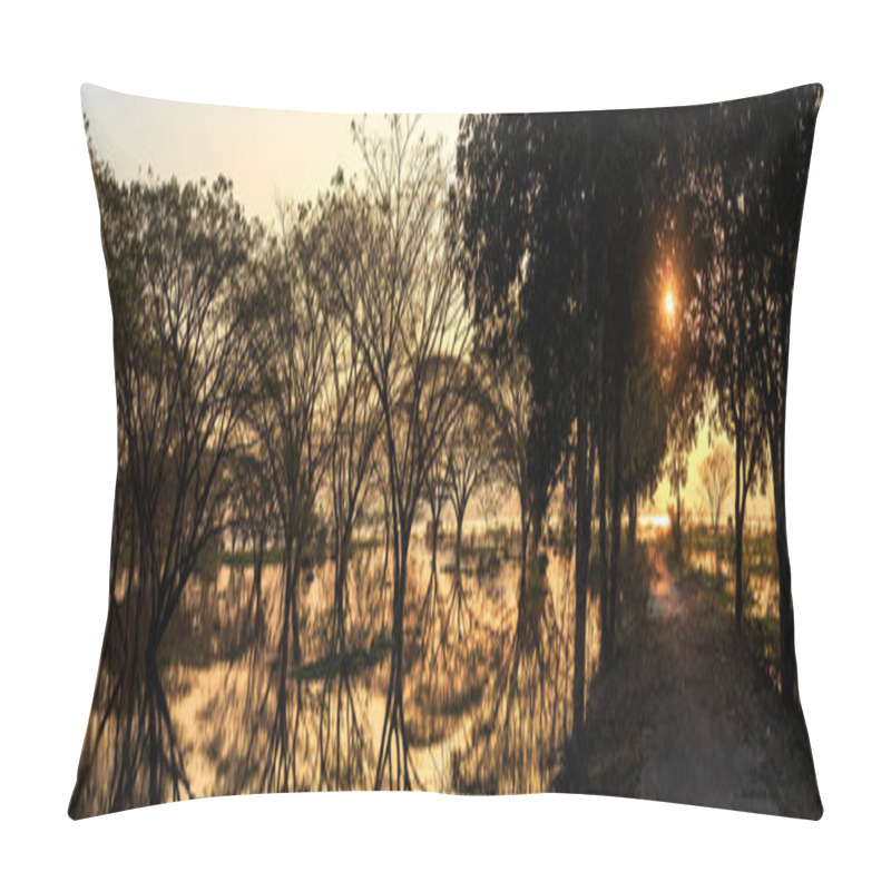 Personality  Forest And Water Reflection With Golden Hours. Pillow Covers