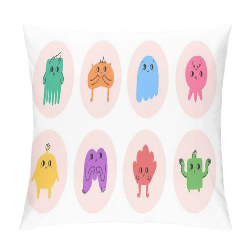 Personality  Set Of Hand Drawn Doodle Cute Little Monsters Icons For Stories. Abstract Colorful Characters With Round Background. Vector Flat Illustration. Pillow Covers