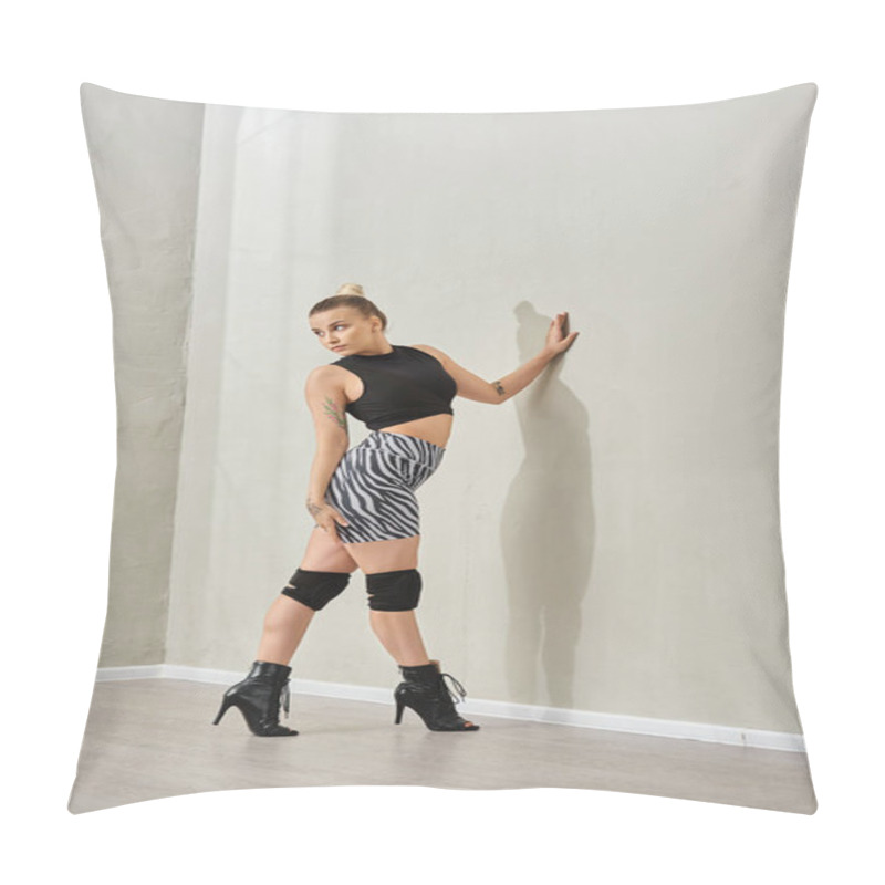 Personality  A Skilled Dancer Glides Gracefully Along The Indoor Wall, As She Confidently Posing In High Heels Pillow Covers