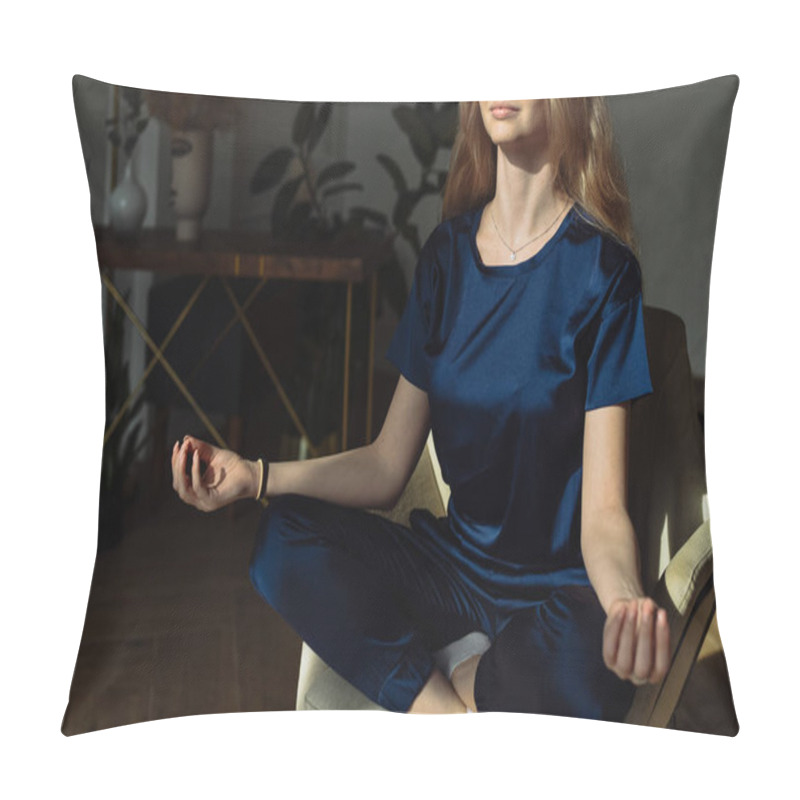 Personality  Young Woman Meditating In Armchair At Home. Young Women Meditating With Mudra Sign At Yoga Class Or Her Home. Girl Practice Sitting On Armchair With Lotos Pose Crossed Legs Pillow Covers