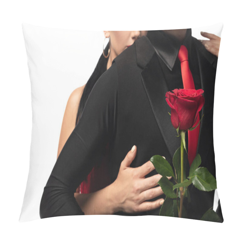 Personality  Cropped View Of Elegant Dancer Holding Red Rose While Partner Hugging Him From Back Isolated On White Pillow Covers