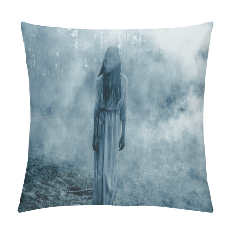 Personality  Girl With Long Black Hair In Image Of Scary Ghost Zombie Walks Among Dark Forest Against Background Of Smoke. Pillow Covers