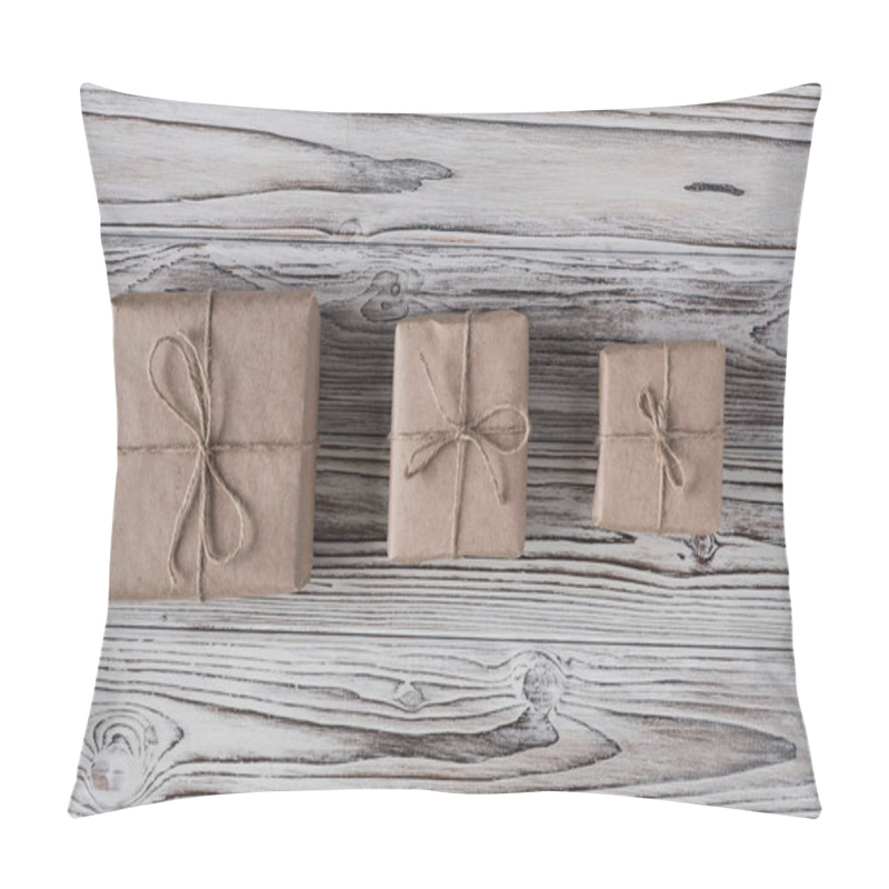 Personality  Handmade Gifts Made From Craft Paper Christmas Rope And Tree On The Rustic Wood Planks Background. DIY. Pillow Covers