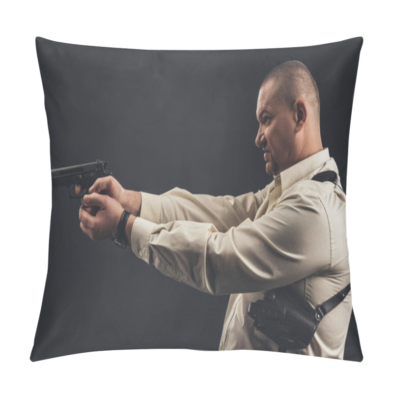 Personality  Side View Of Man In Shirt Holding Gun Isolated On Black Pillow Covers