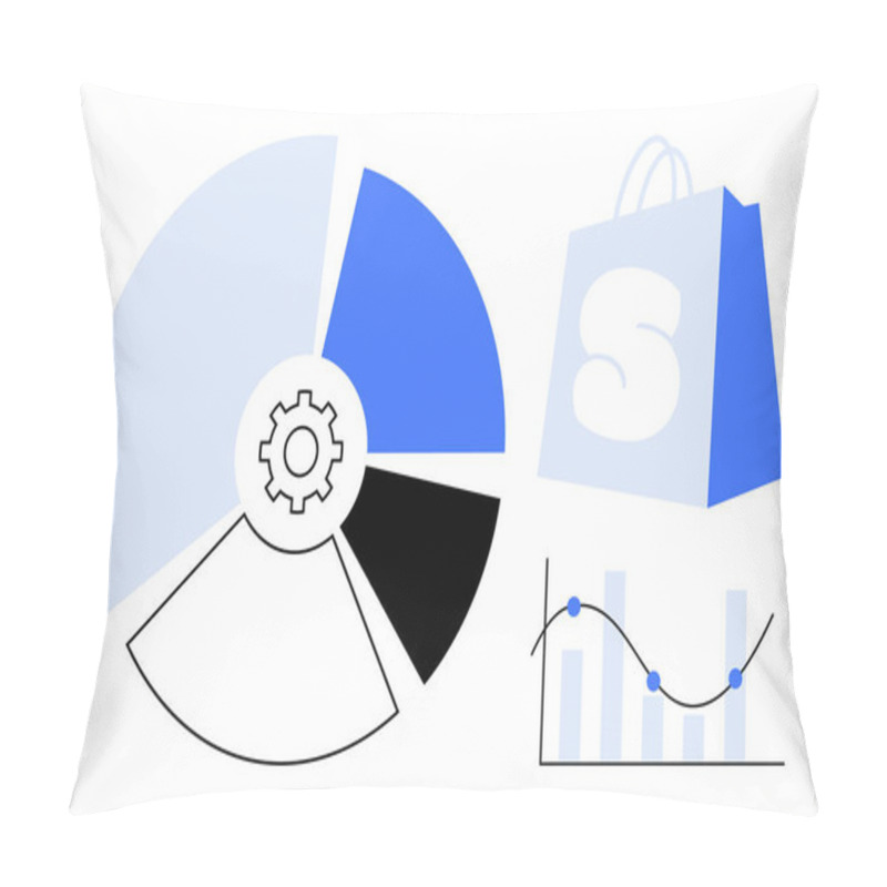 Personality  Pie Chart With Gear, Bar Graph With Line, And Shopping Bag. Ideal For Business Analytics, E-commerce Insights, Financial Reports, Market Research, Data Visualization. Modern, Clean, Vector Pillow Covers