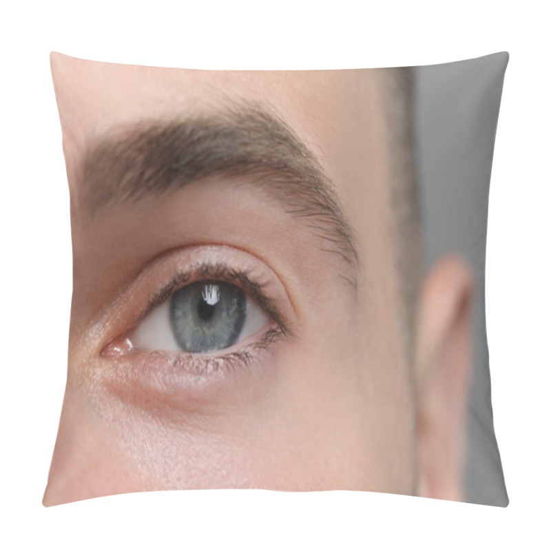 Personality  Closeup View Of Young Man With Beautiful Eyes On Grey Background Pillow Covers