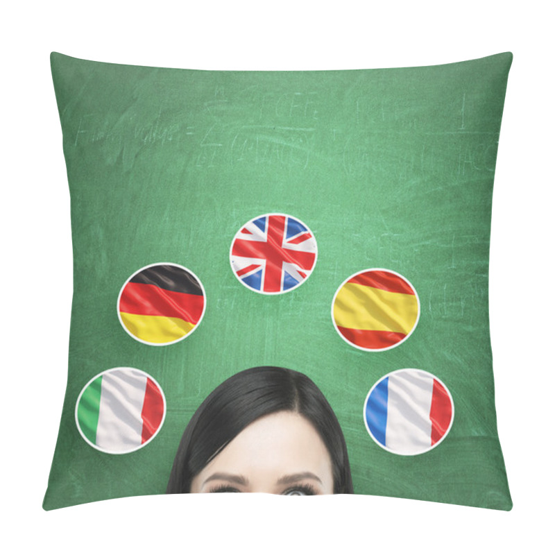 Personality  A Concept Of Foreign Language Studying Process. A Foreseen Of The Brunette Girl Surrounded By Icons Of European Flags. Green Chalkboard Background. Pillow Covers