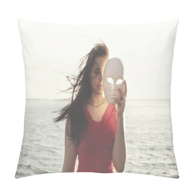 Personality  Woman Hiding Half Face Behind A Mask, Abstract Concept Pillow Covers