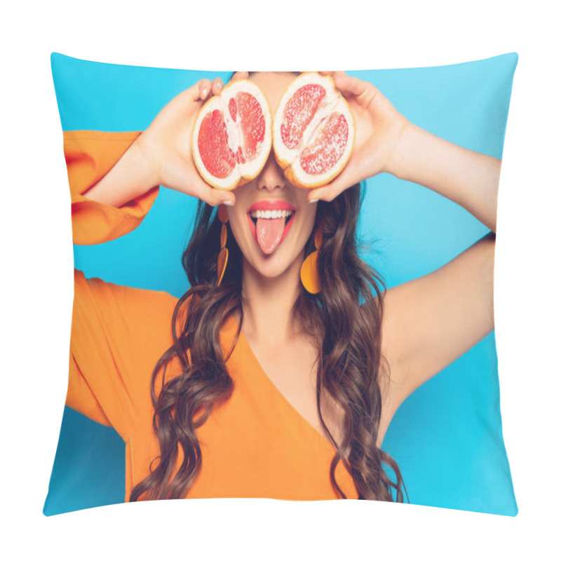 Personality  Cheerful Girl Covering Eyes With Pineapple Halves And Sticking Out Tongue On Blue Background Pillow Covers