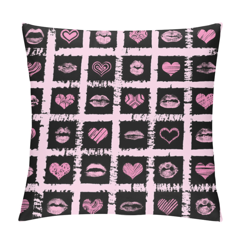 Personality  XO XO Style Love And Kisses Brush Grunge Hand Drawn Hearts And Lipstick Kiss Stain Seamless Pop Up Background. Kiss Day, Valentine's Background, Love Fashion, Shopping. Vector.  Pillow Covers