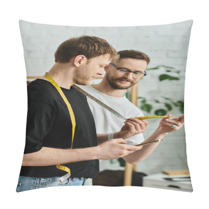 Personality  Two Men, Partners In Both Love And Design, Collaborate On Creating Cutting-edge Attire In A Designer Workshop. Pillow Covers