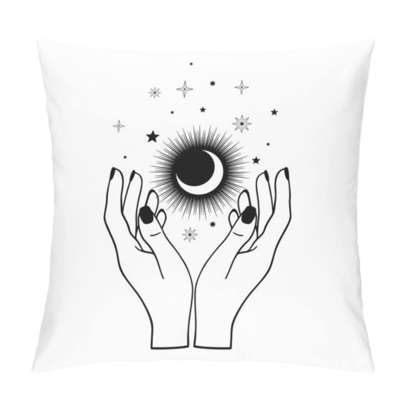 Personality  Hand Drawn Mystical Moon With Woman Hands, Stars In Line Art. Spiritual Symbol Celestial Space. Magic Talisman, Antique Style, Boho, Tattoo, Logo Vector Illustration. Pillow Covers