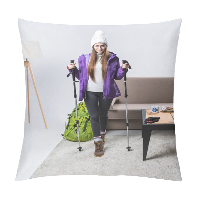 Personality  Beautiful Sportswoman In Warm Clothing With Backpack And Hiking Sticks At Home Pillow Covers