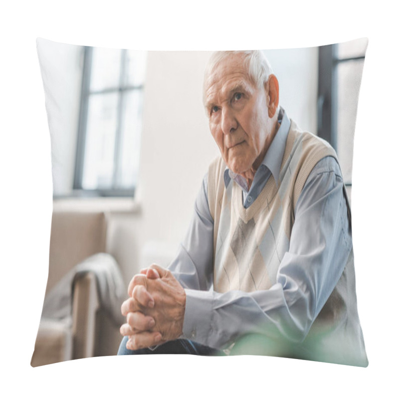 Personality  Sad Elderly Man Sitting Alone On Sofa During Quarantine Pillow Covers