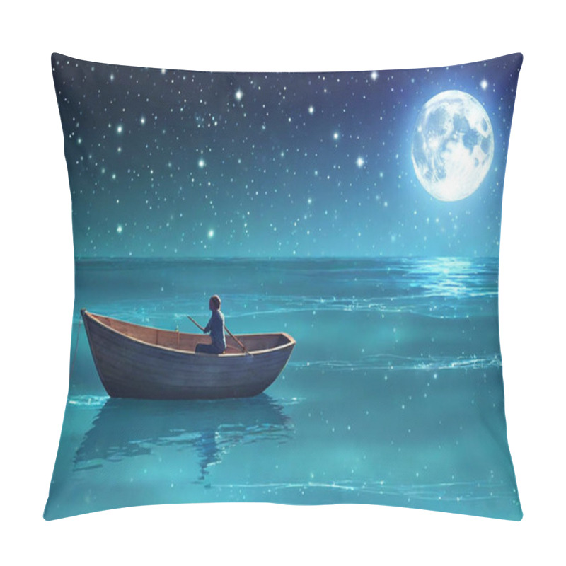 Personality  Moonlit Ocean Ride: A Whimsical, Surreal Illustration Of A Lone Figure On A Boat Being Guided By A Luminous Moon, As Whimsical Fish Swim Through The Air And Stars Twinkle Above The Calm Ocean.  Pillow Covers