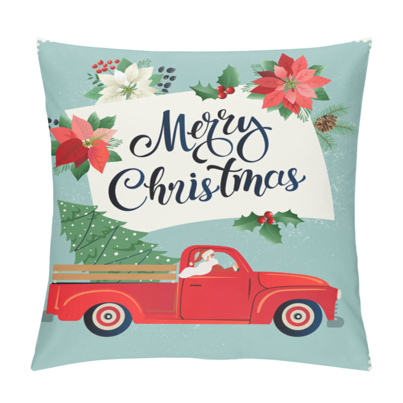 Personality  Merry Christmas And Happy New Year Postcard Or Poster Or Flyer Template With Retro Pickup Truck With Christmas Tree. Vintage Styled Vector Illustration. Pillow Covers