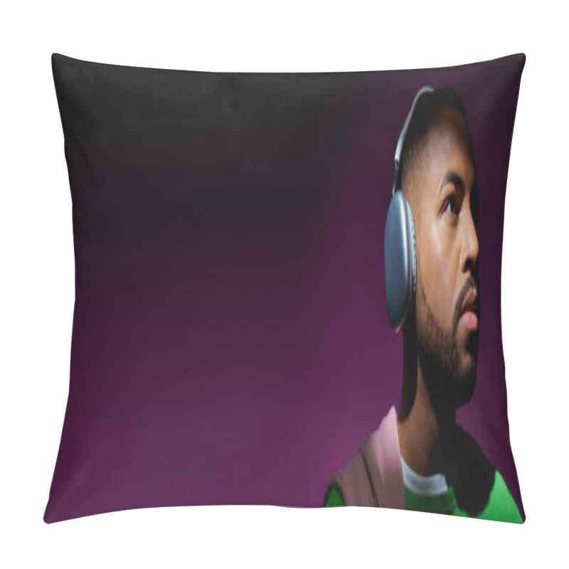 Personality  Young African American Man In Green Sweatshirt With Headphones Looking Away, Fashion Concept, Banner Pillow Covers