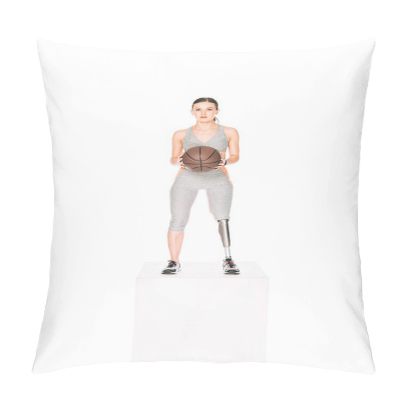 Personality  Full Length View Of Disabled Sportswoman With Prosthetic Leg Holding Basketball Ball Isolated On White Pillow Covers