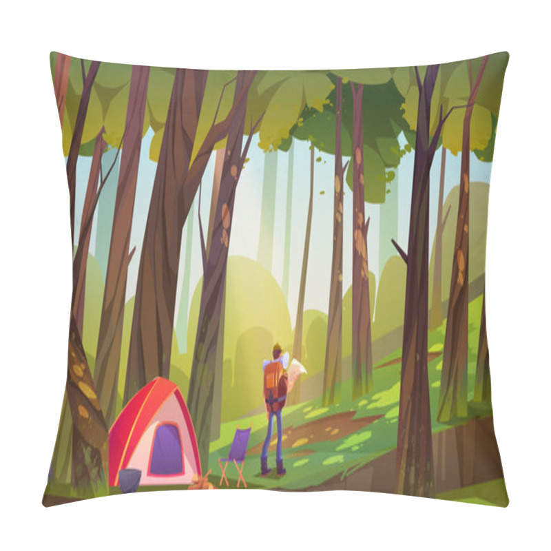 Personality  Traveler Camp In Forest, Tourist With Backpack Pillow Covers