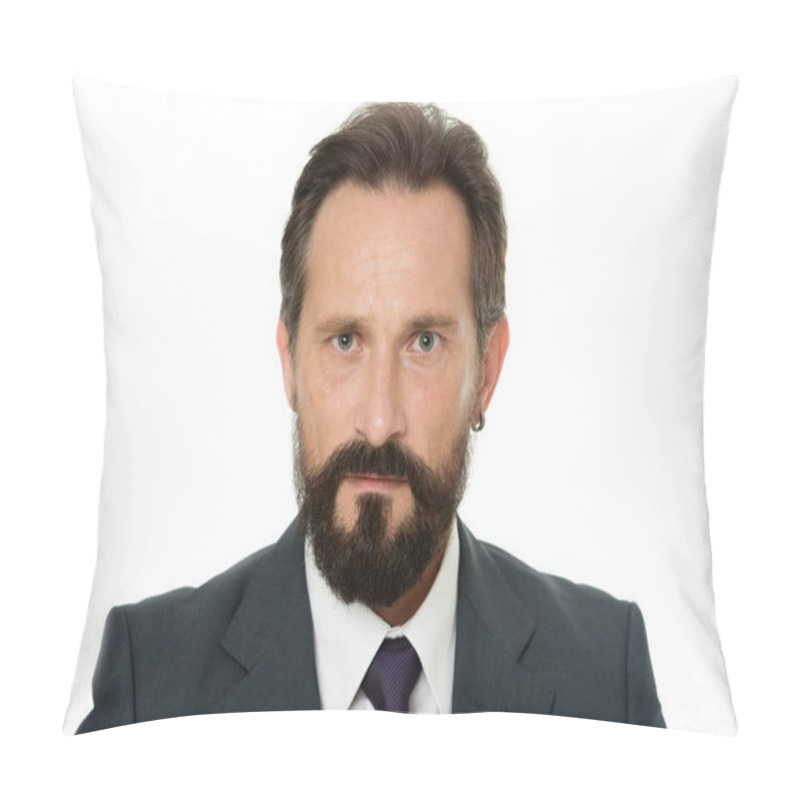 Personality  Serious Business Man. Businessman Think On Business Problem. Bearded Man With Serious Face. Be The Solution Not The Problem. Think, Believe And Achieve Pillow Covers