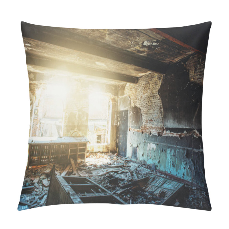 Personality  Ruins Of Old Abandoned Building, Damaged In War, Inside Destroyed Room With Sunlight, Disaster And Devastation Concept, Broken Walls And Furniture Pillow Covers