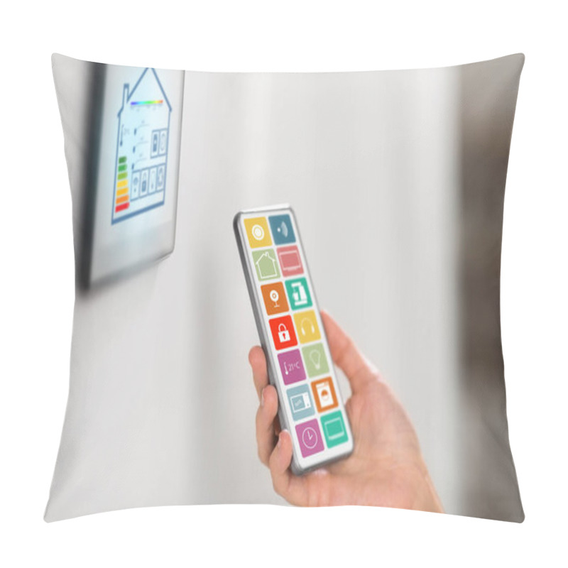 Personality  Hand With Smart Home Icons On Smartphone Screen Pillow Covers