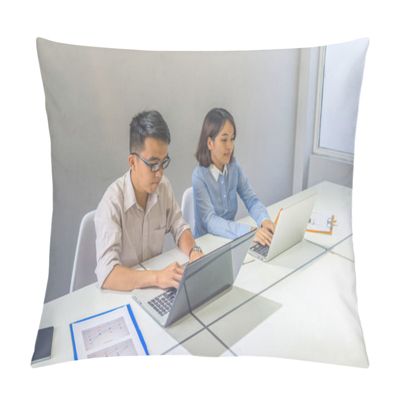 Personality  Young Professional People Working On Laptop At Business Workplace Pillow Covers