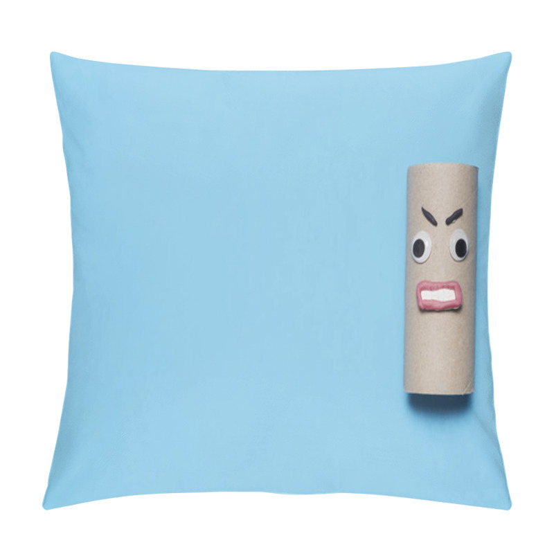 Personality  Angry Empty Roll Of Toilet Paper With Googly Eyes And Mouth On A Blue Background With Copy Space And Room For Text With A Right Side Composition Pillow Covers