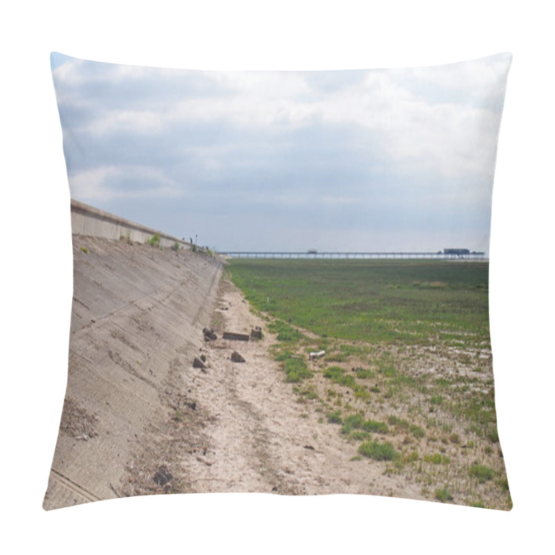 Personality  A Path Along The Seawall In Grassy Coastal Marshland Alone The Ribble And Alt Estuary In Merseyside Looking Towards Southport With The Pier In The Distance Pillow Covers