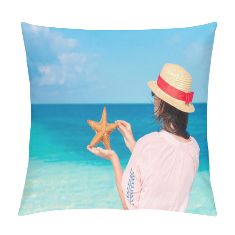 Personality  Young Woman With Starfish On White Beach In The Nature Reserve Pillow Covers