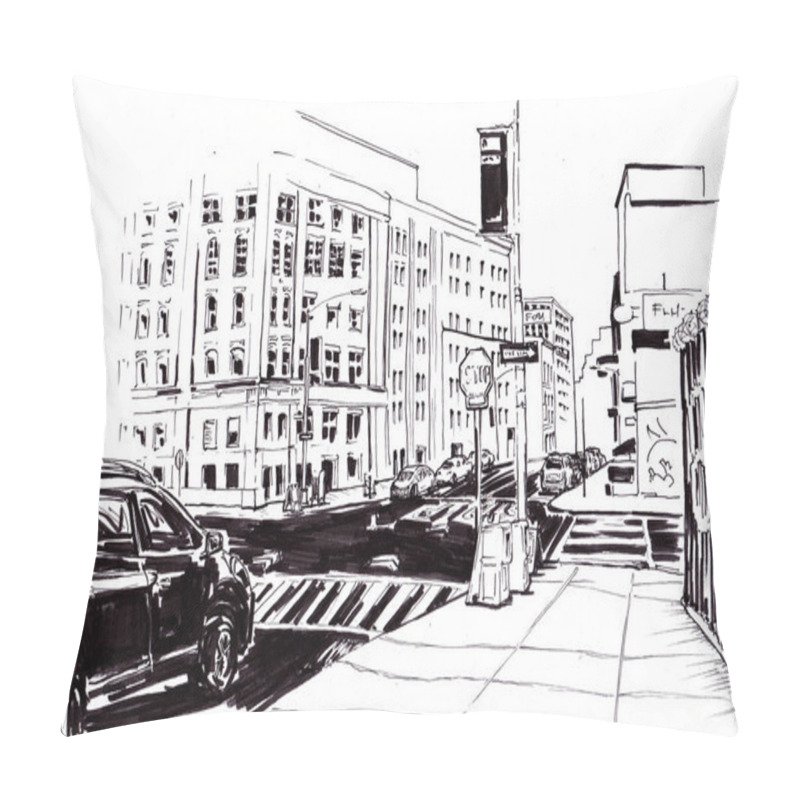 Personality  Street New York With Road And Cars. Sketch In Ink. Pillow Covers