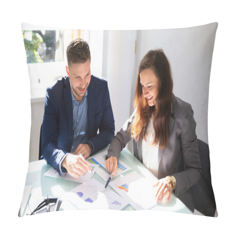 Personality  Two Young Businesspeople Analyzing Graph Over Office Desk Pillow Covers