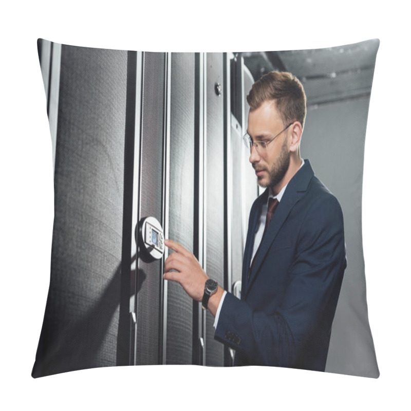 Personality  Selective Focus Of Handsome Businessman In Suit And Glasses Pointing With Finger At Digital Panel  Pillow Covers